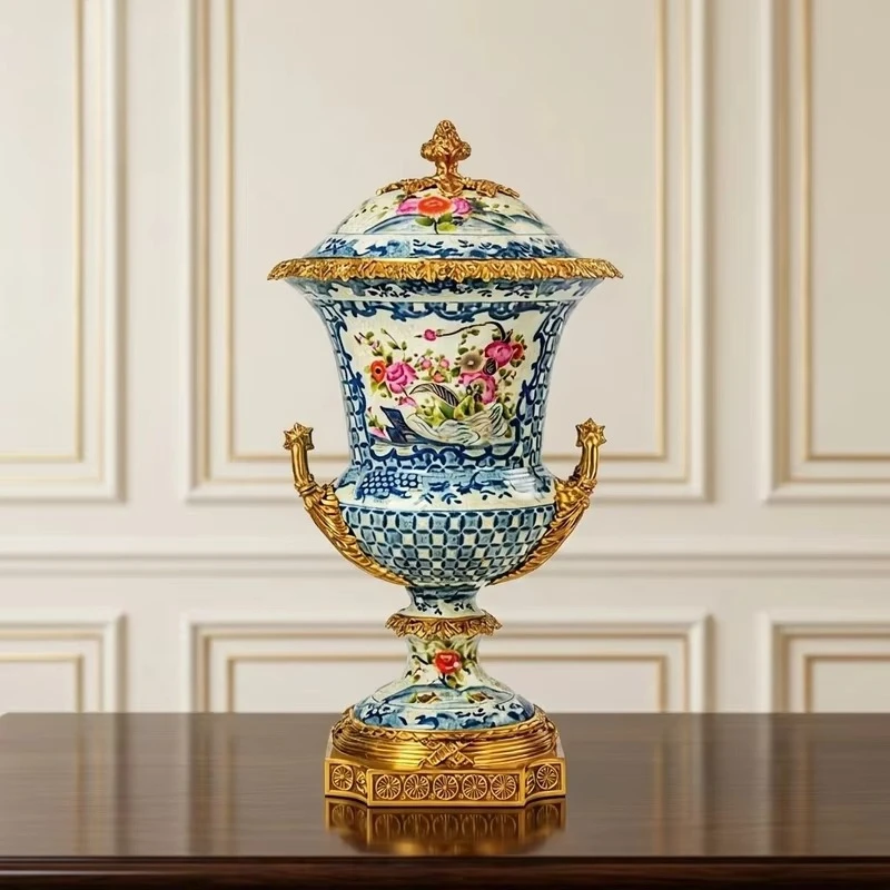 &c Luxury European Red & White Porcelain Lidded Jar with Copper Handles Painted Courtly Life Ornament for Decorative Usage