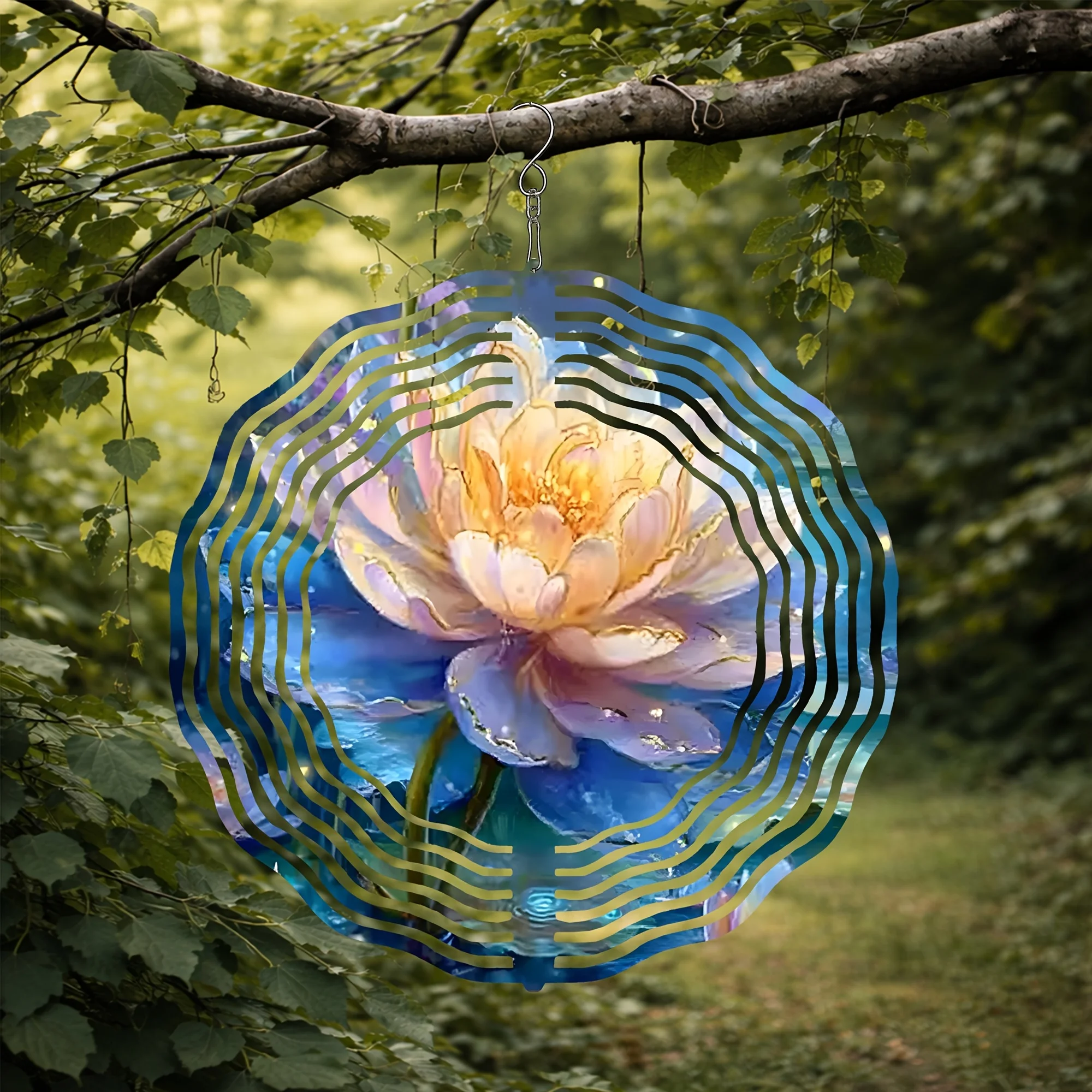 Dreamy Watercolor Lotus Metal Wind Chime, Equipped with 360-Degree Rotating Hook, Creating a Tranquil And Mysterious Atmosphere