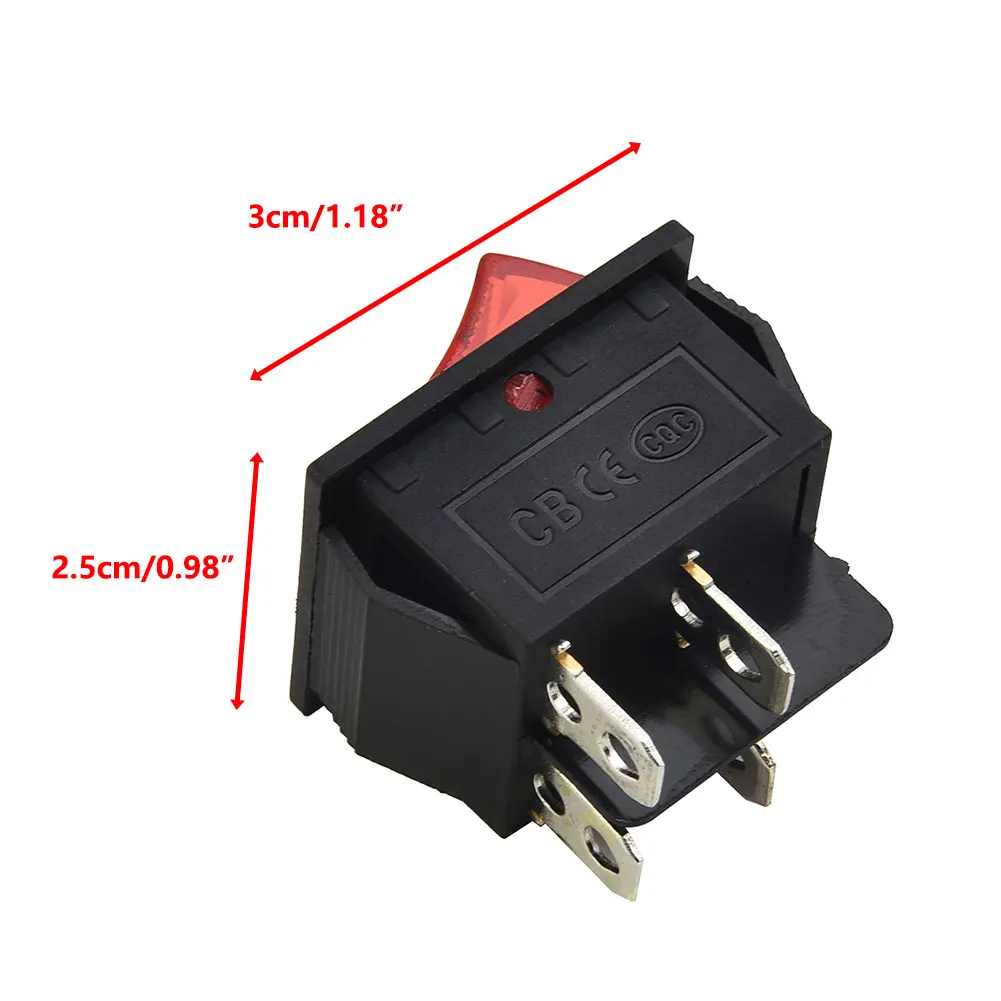 10pcs KCD4 Red Light 4 Pin DPST ON/OFF Rocker Switch KCD4 15A/250V 20A/125V AC  Single Throw Double Cutter Electrical Instrument