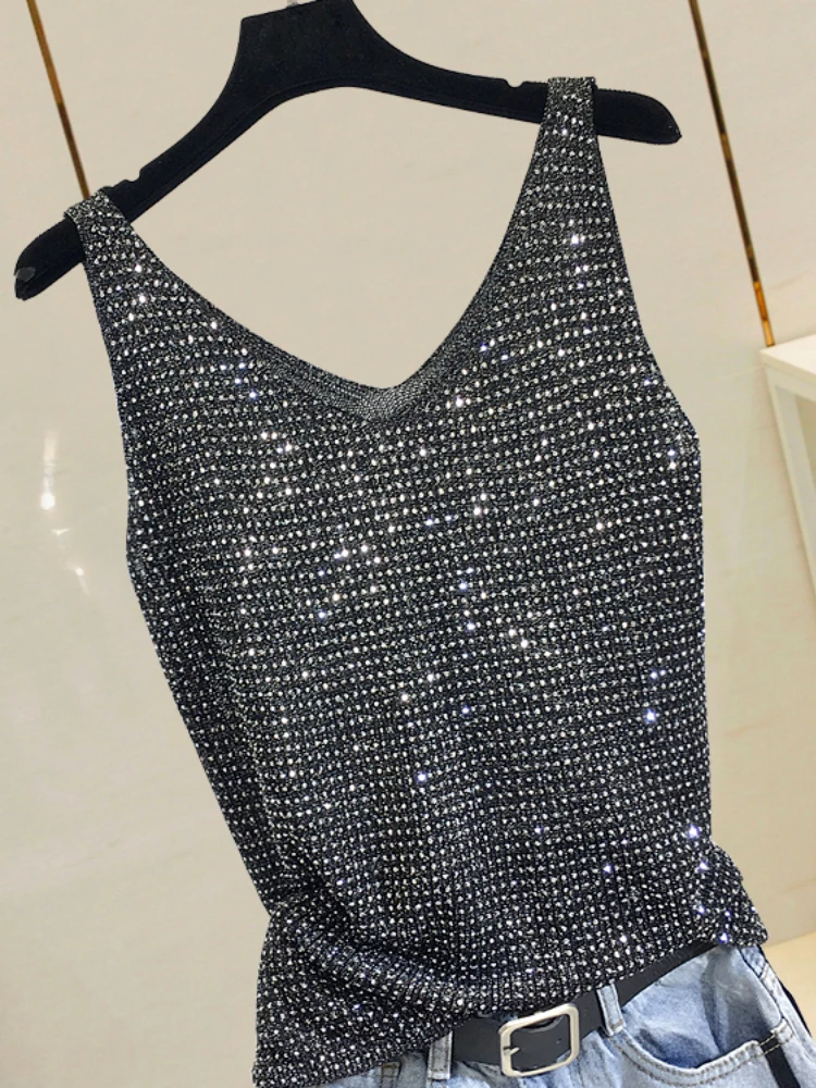 Summer New Fashion Camisole Tanks T Shirts Women Heavy-duty Ironing and Drilling Knitting Tops Y2k Top
