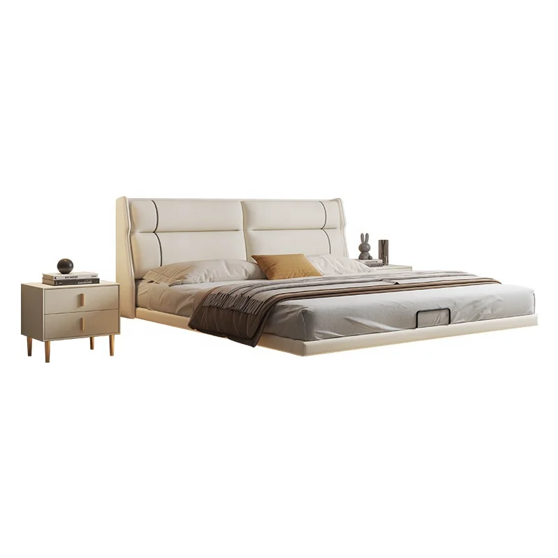 

Nevan Luxury Modern King Size Upholstered Suspended Beds Storage Modular Design Apartment Bedroom Furniture Solid Wood Frame