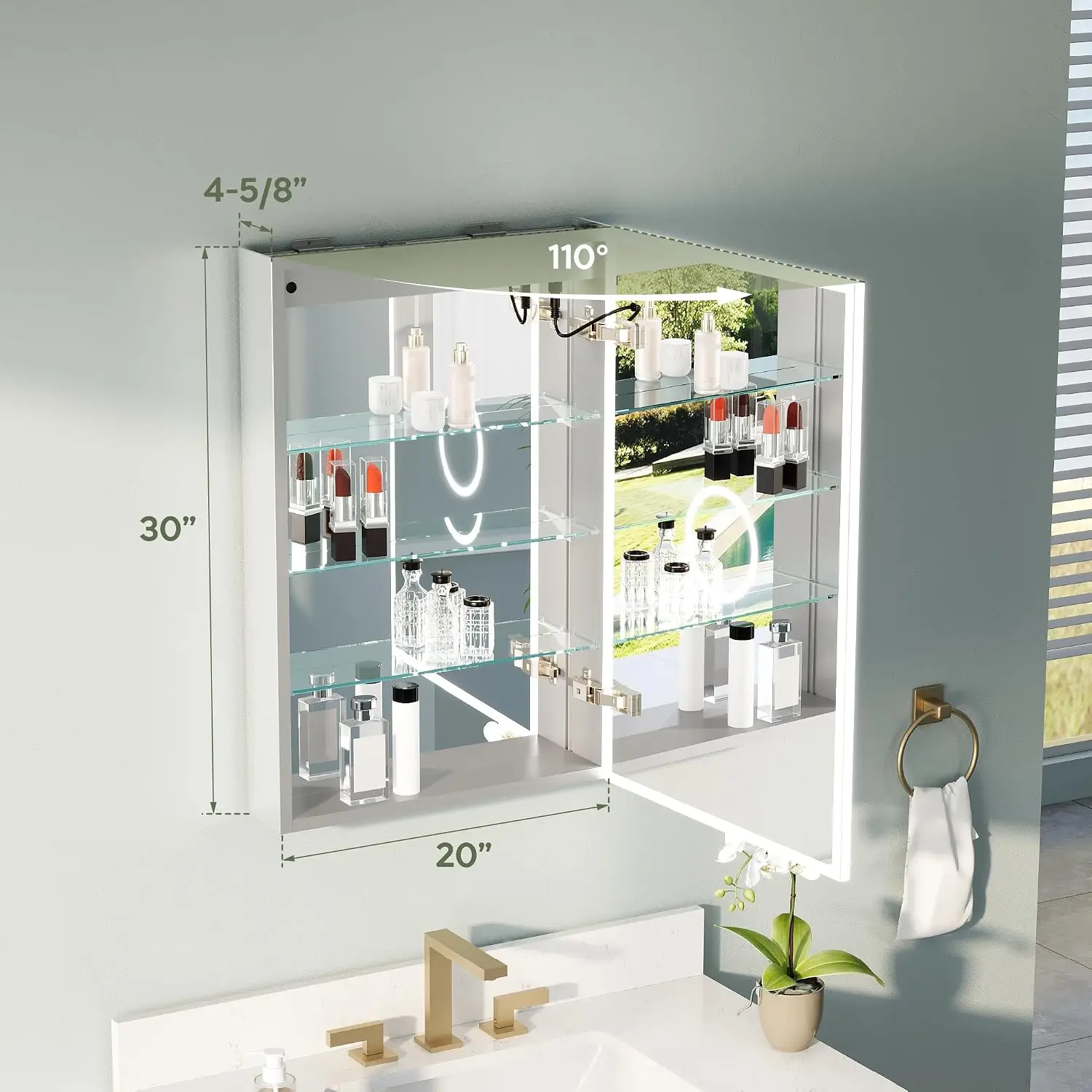 20x30 LED Medicine Cabinet Mirror 3X Magnifying Defogging Dimmable Bathroom Outlets USB Right Opening, Customized