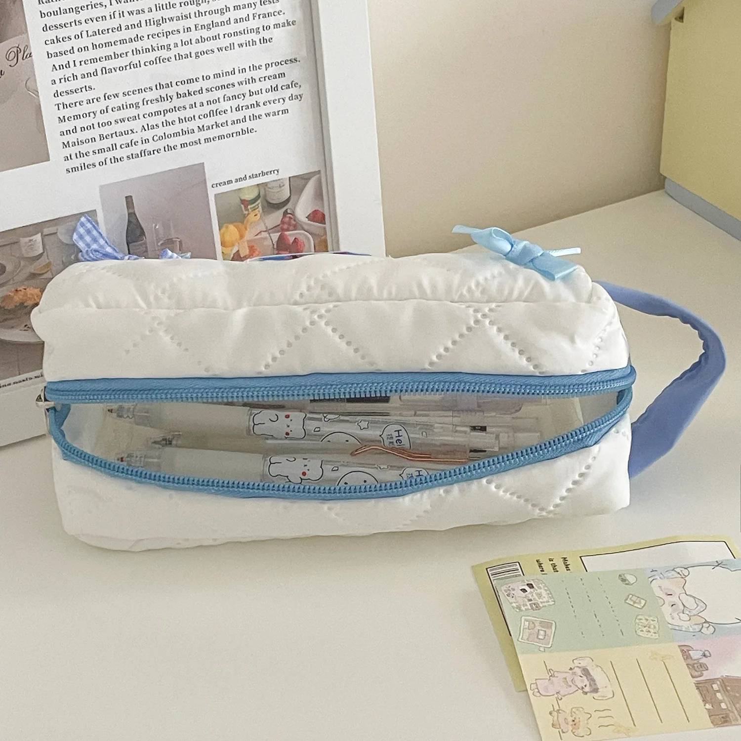 Bow Quilted Pencil Case School Pen Bag Large Capacity Stationery Bag Student Pencil Cases Stationery Storage Bag Cosmetic Bag