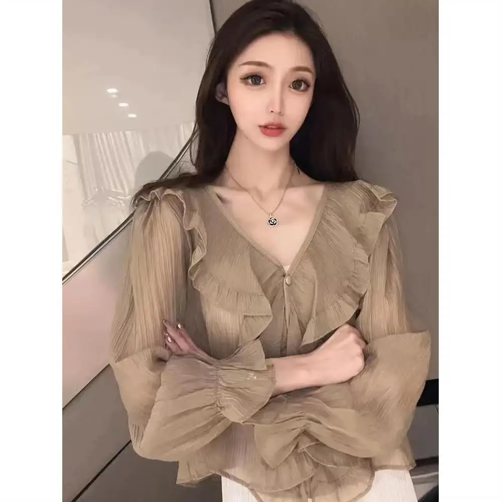 Spring Autumn Style Pleated Ruffle Edge Shirt Women Korean Version Niche Fashion V-neck Temperament Solid Color Casual Top