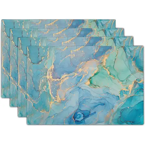 Teal Placemats Set of 4 Non-Slip Heat Resistant 12×18 Inch Turquoise Blue Thick Place Mats Decor Linen Fabric Peacock Table Mats