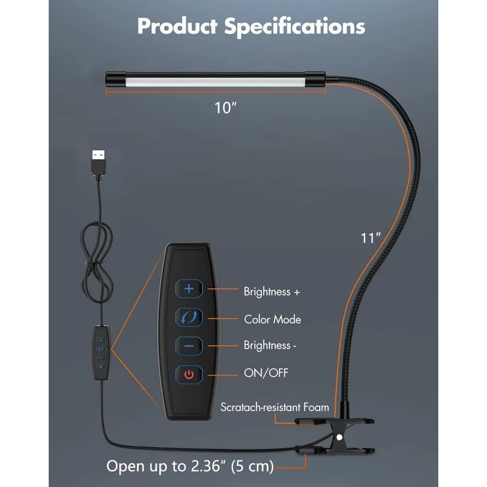 مصباح مكتب JHD LED مع مشبك - 3 أوضاع ألوان قابلة للتعديل 10 مصباح طاولة بمستوى سطوع، مكتب USB مرن للعناية بالعين على شكل معقوفة L