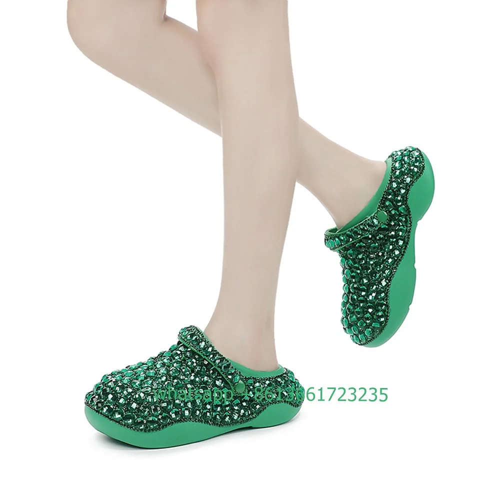 Crystal Shiny Women Slippers Flat Heel Platform Sandals Colored Rhinestone Bling Bling Shoes Women Fashion Rubber Slides Green