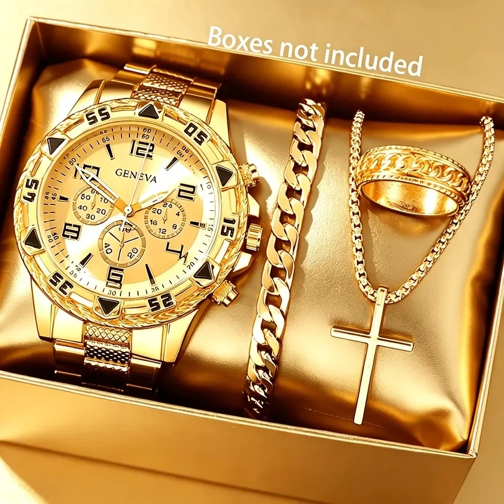 Men's Business Stainless Steel Quartz Watches, with Stainless Steel Strap, Analog Display, Includes Bracelet, Ring, and Necklace
