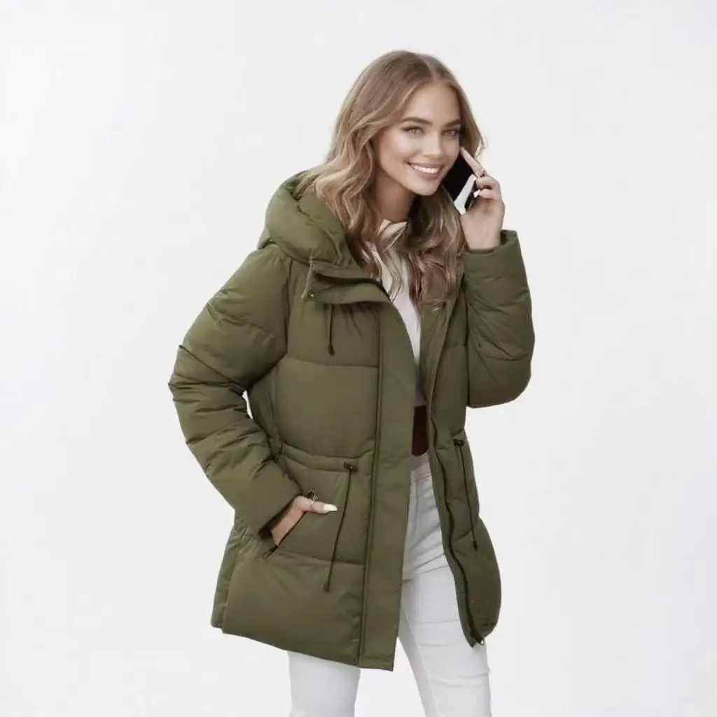 

2025 Winter New Standing Collar Medium Long Thickened and Slimming Solid Color Cotton Jacket for Women