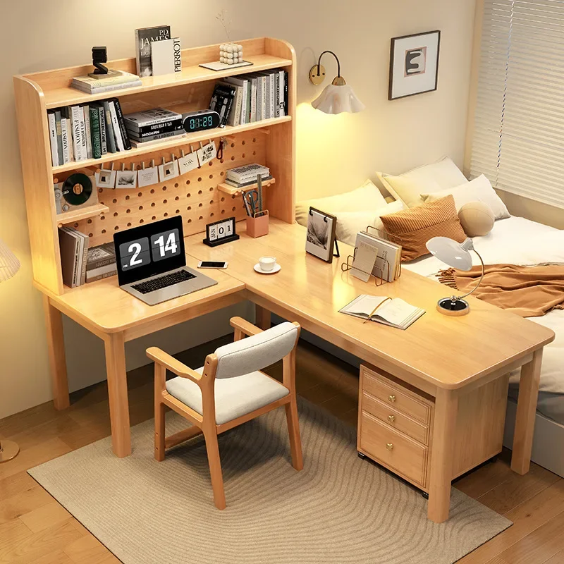 //Solid Wood Contemporary Desk Study Room Simple Corner Wall Facing Computer Desk Small-sized Home Office Integrated Bookshelf