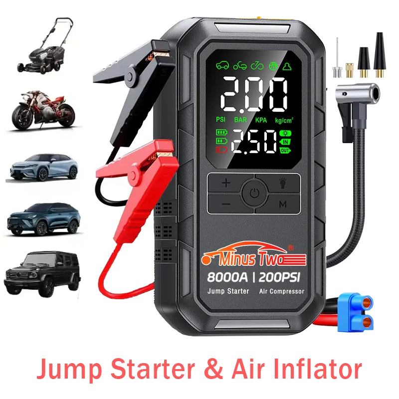 8000A Car Jump Starter with Air Compressor 200PSI Air Pump Auto Battery Booster Portable Power Bank Tire Inflator