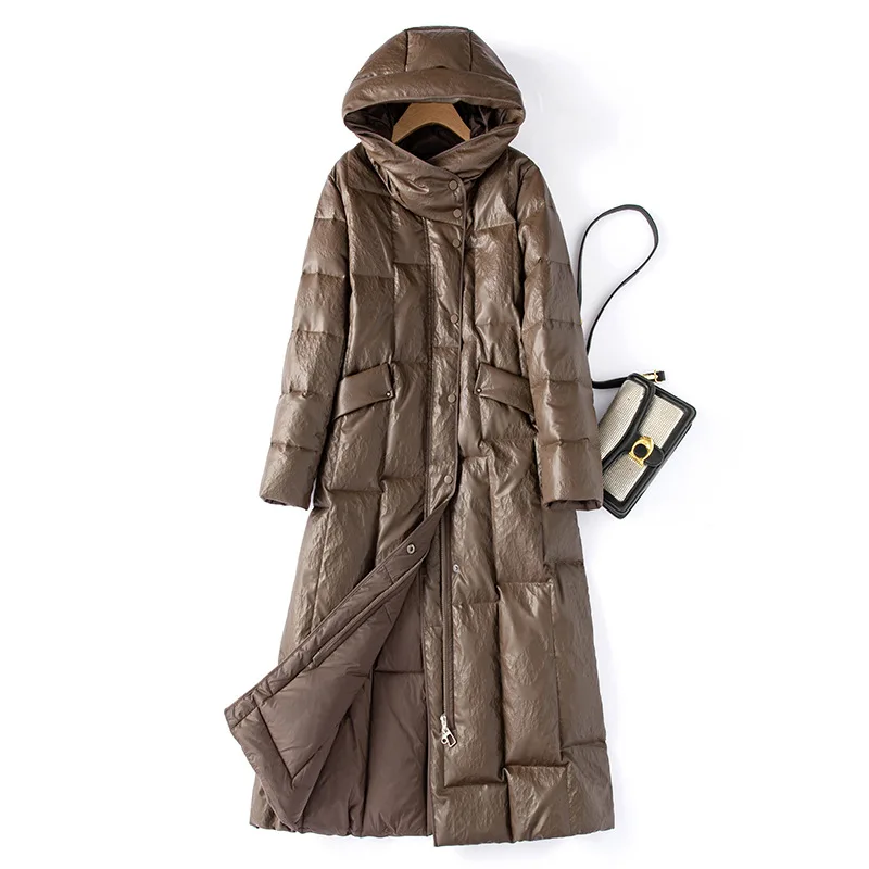 Neue Frauen Leder Unten Mantel Mode Mit Kapuze Lange Hülse Lose Dicken Mantel Casual Warme Daunen Mantel Split Leder