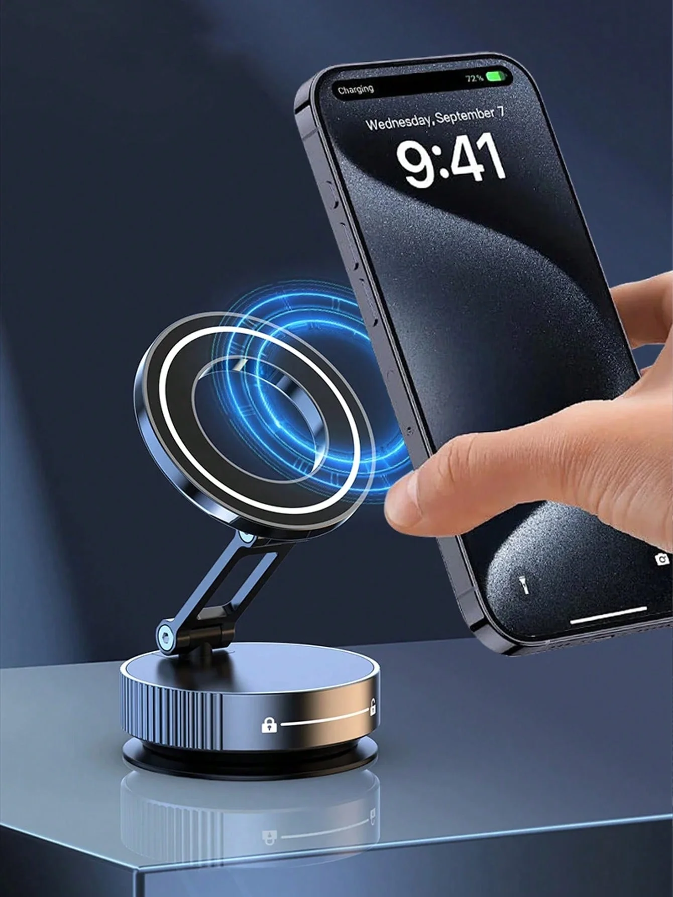 360 °   حامل هاتف MagSafe للسيارة قابل للطي ثلاثي المحاور - قاعدة مغناطيسية مفرغة للملاحة، متوافقة مع iPhone وجميع MagSafe De