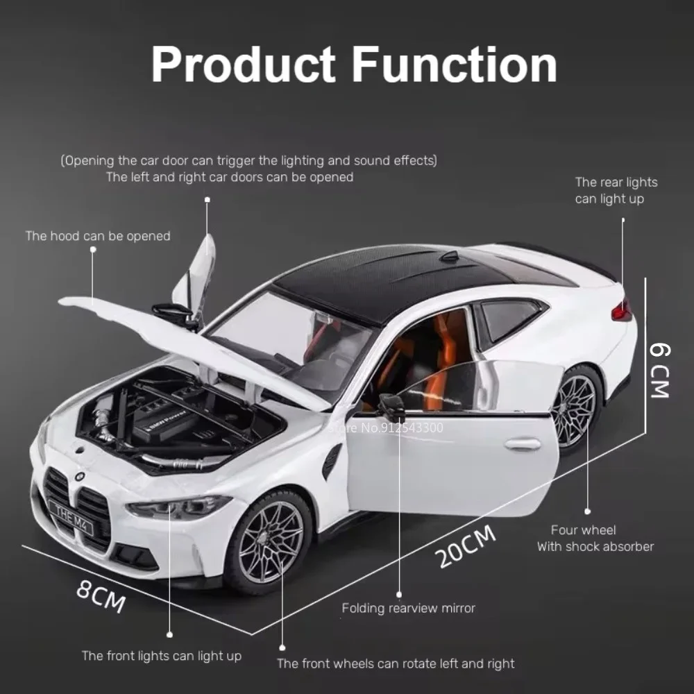 BMW M4 G82 합금 럭셔리카 로고 모델 장난감, 다이캐스트 금속 사운드 및 라이트 풀백 컬렉션, 어린이 미니어처 차량 선물, 1/23 체중계