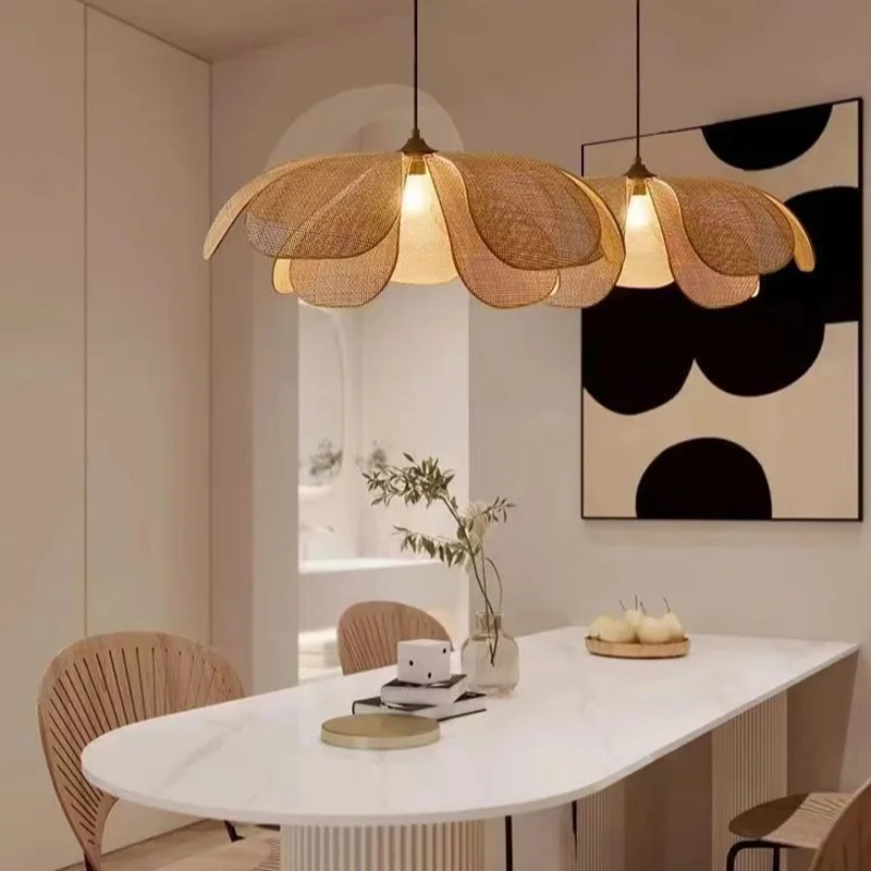 Nordic Modern LED Retro Chandelier Hand-woven Lotus Pendant Lamp Adjustable Height Pendant Lights Room Decoration Lighting