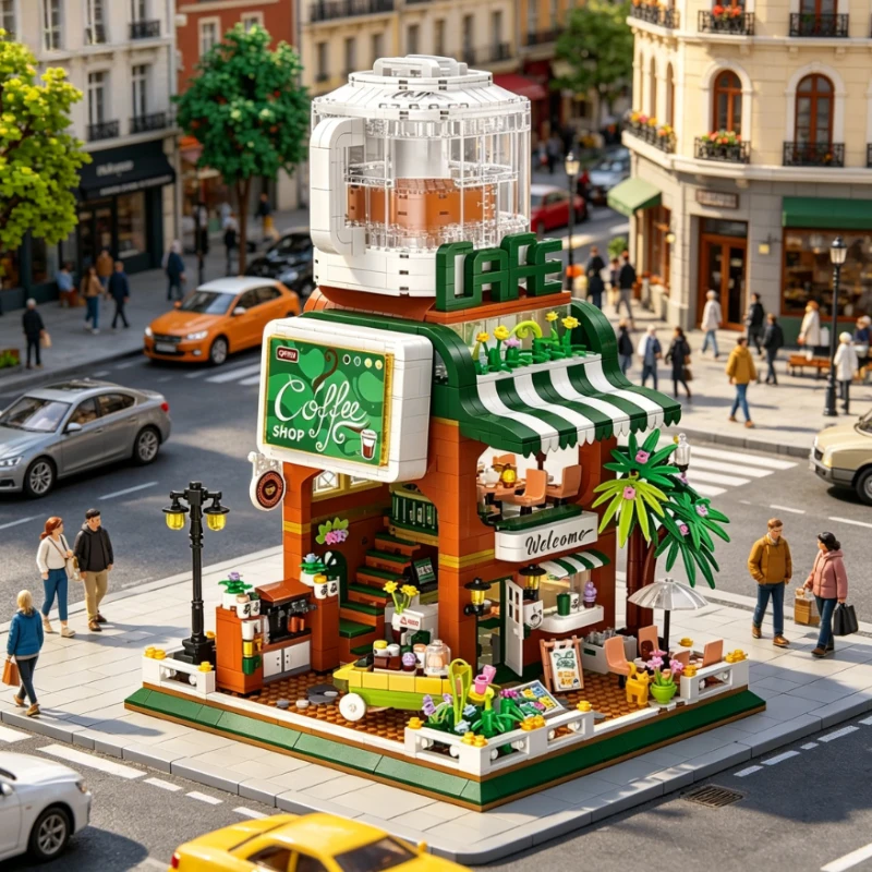 Coffee Shop City Street View Self-Service Cafe Building Blocks Mini Particles Model for Home Desk Decor Ornament & Gift