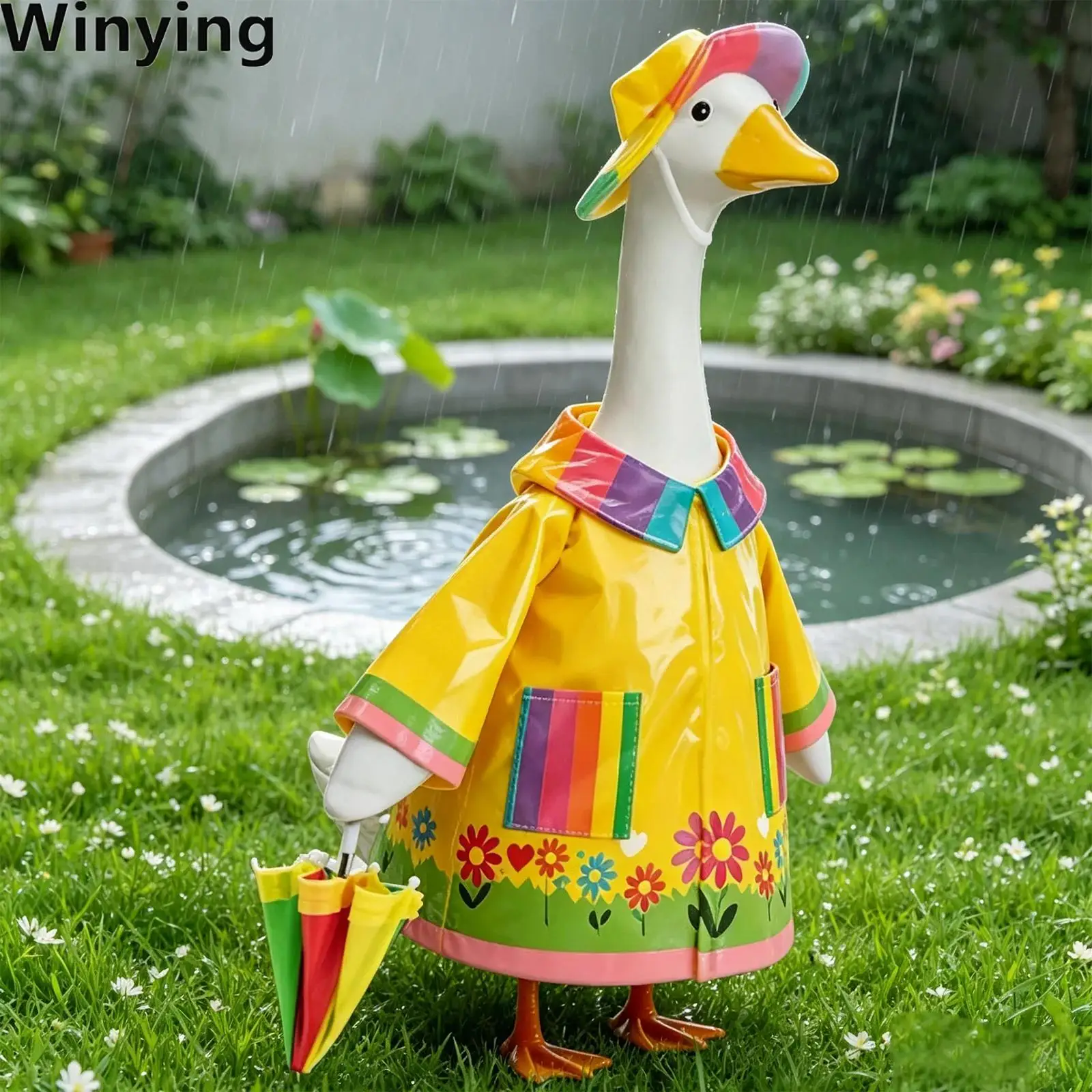 Porch Goose Outfits Lapel Print Raincoat with Umbrella And Hat Three-piece Set for Outdoor Garden Yard Patio