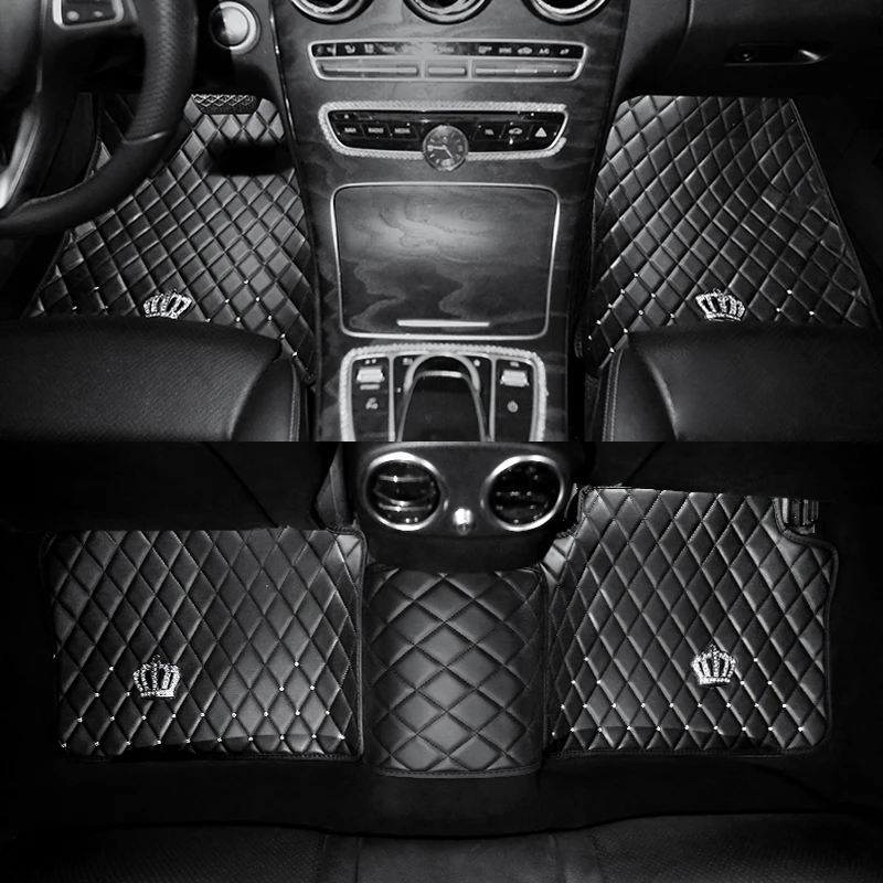 Pu Leather Floor Mats for Car SUV & Truck - 5 Pack/Set (Front & Rear), Heavy Duty Protection,Crown Car Floor Cushion