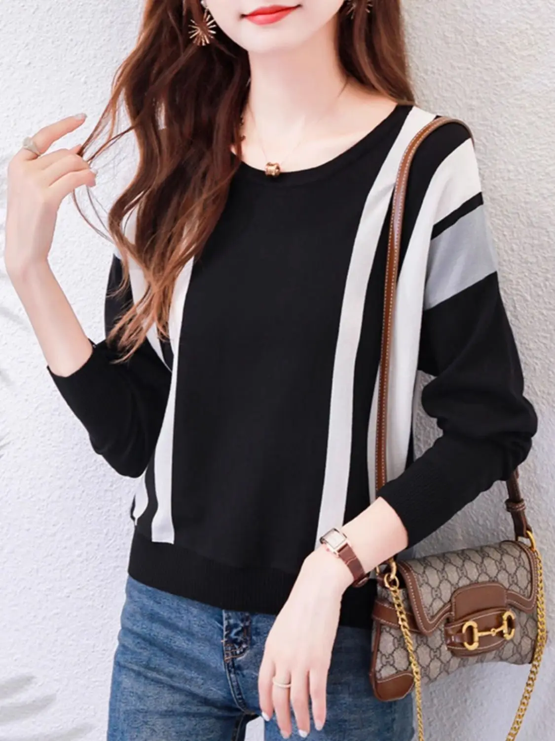 2024 Autumn/Winter Fashion Knitted Shirt Women's Striped Color Blocked Top Long Sleeve Inner Loose Sweater Bottom Shirt Trendy