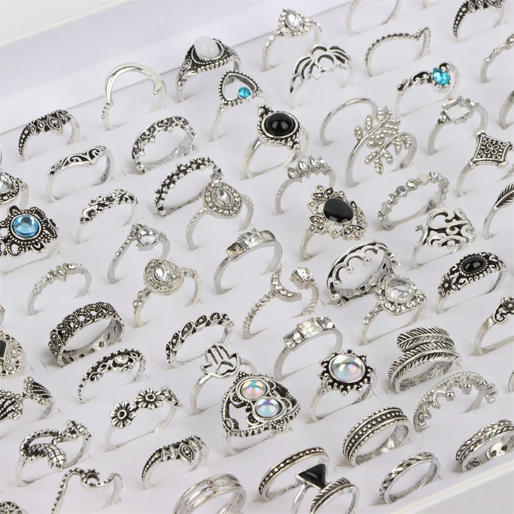 20Pcs/Lot Fashion Punk Vintage Bohemian Finger Women Ring Retro Geometric Rhinestone Gold Silver Color Jewelry Gift Mixed Style