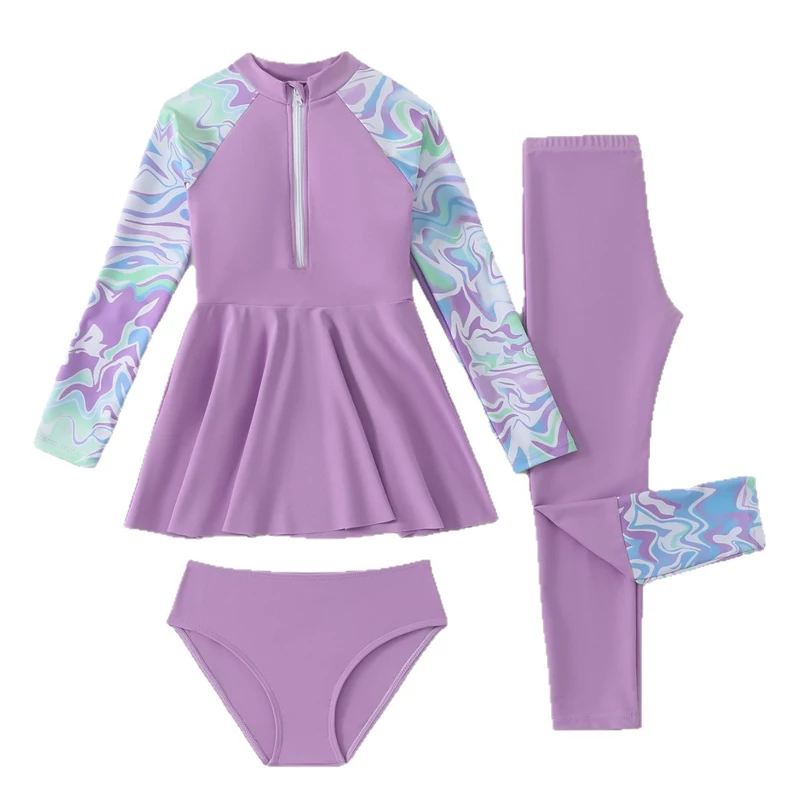 Split Girls Swimwear Children Swimming Suit Long Sleeve Swimsuit Kids Teens Skirt Set With Pants Front Zipper Beachwear