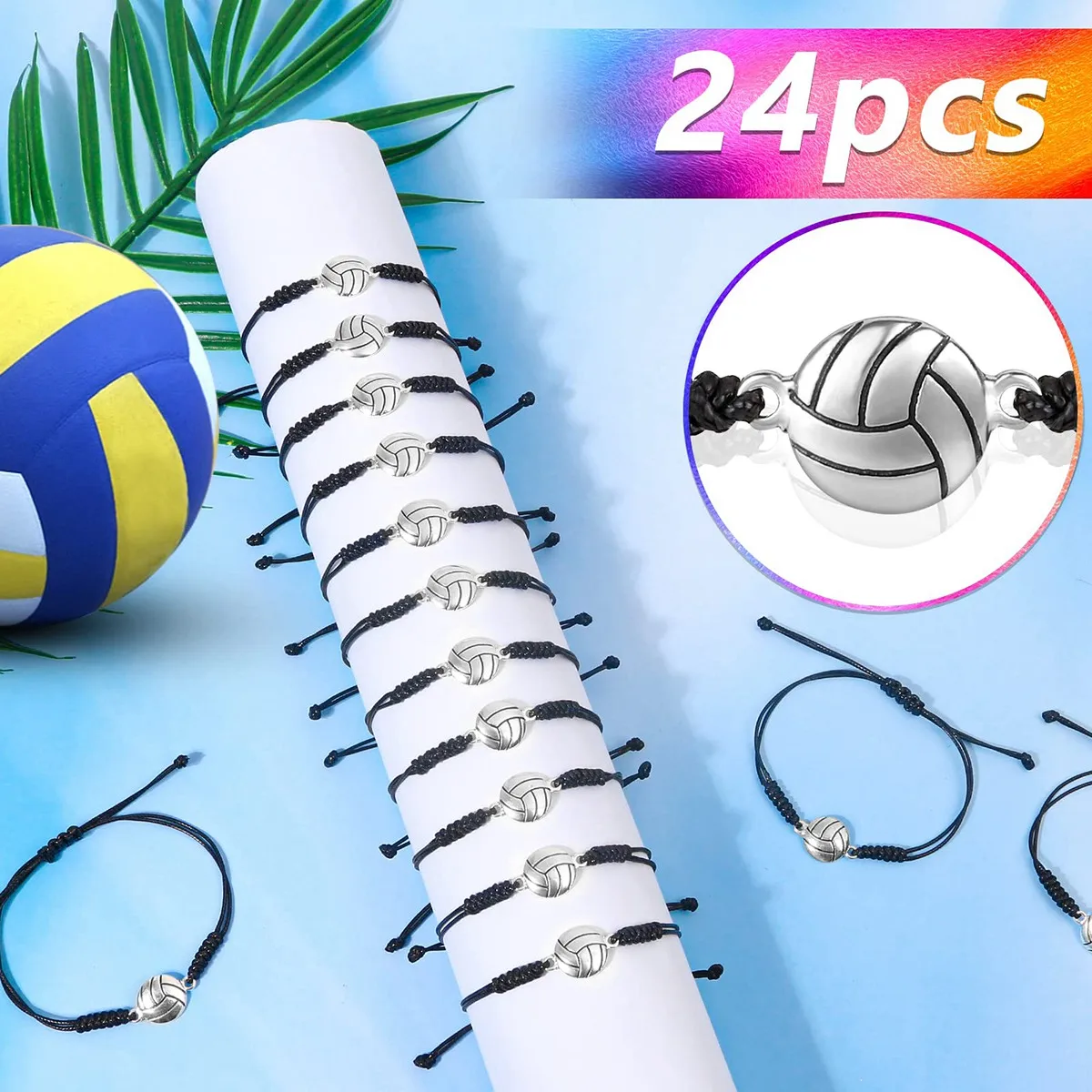 Unique! 24 Piece Volleyball Bracelets, Volleyball Charm Bracelet, Braided String Bracelet with Volleyball Pendant Decoration