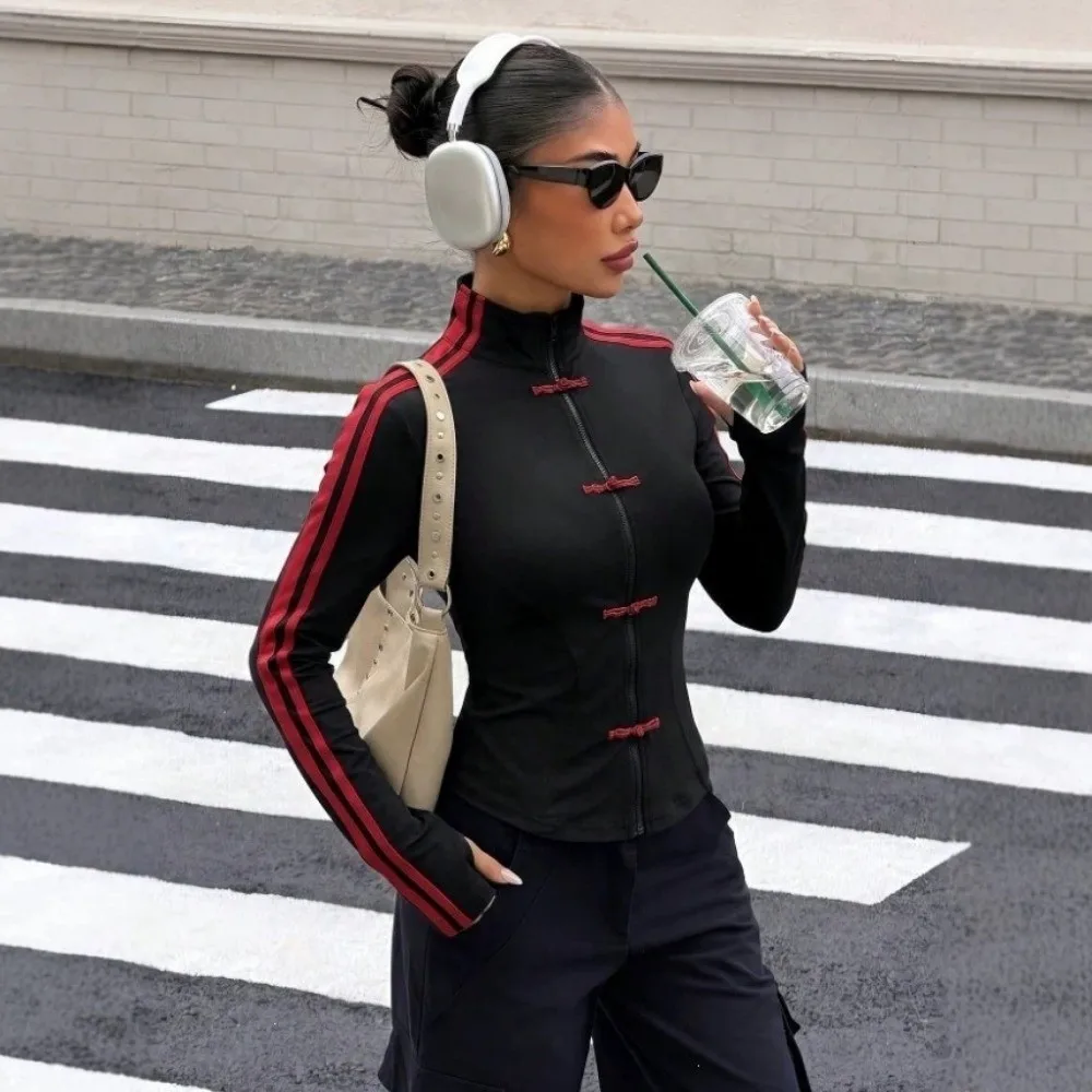 Slim Fit Frog Button Jacket Striped Pattern Stand Collar Casual Coat Y2K Aesthetic with Thumb Hole Chinese Style Jacket Women