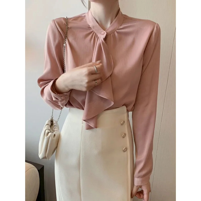 Elegant All-match Ruffles Shirt Tops Spring Autumn New Long Sleeve Loose Solid Office Blouse Temperament Fashion Women Clothing