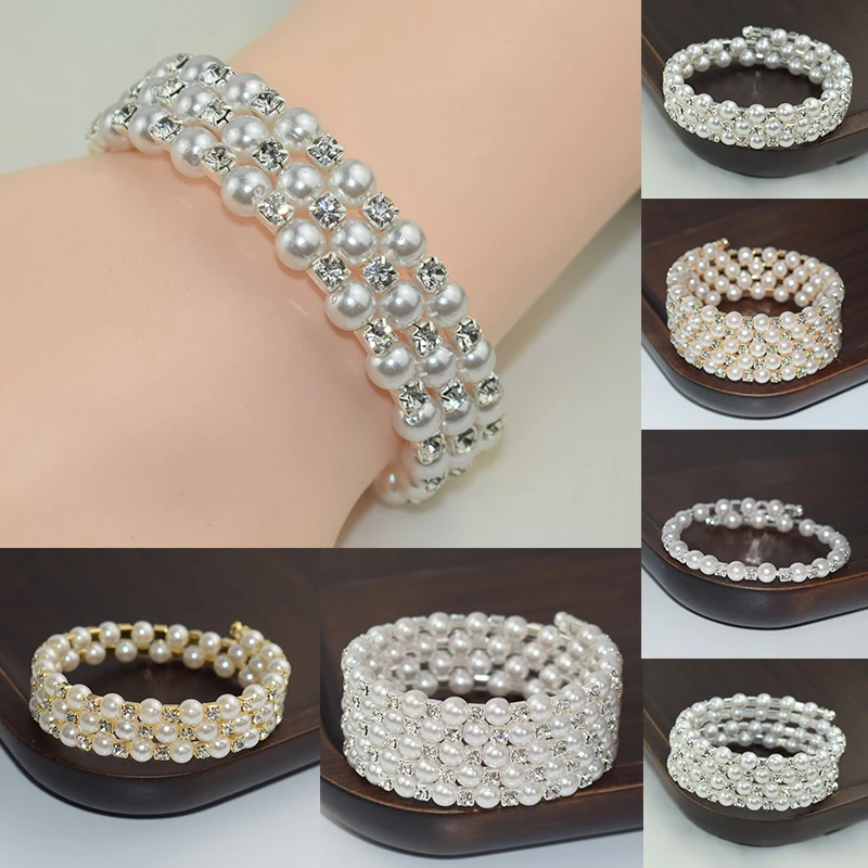 Elegant Crystal Imitation Pearl Bracelet Multilayer Stretchable Pearl Bracelet For Women Bridal Jewelry Gift