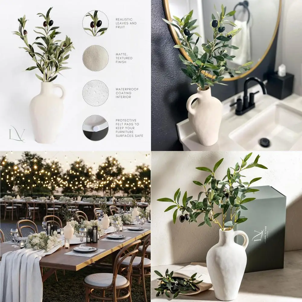 

Elegant 10 Textured Ceramic Vase with 22 Olive Branches, White Medium Artificial Topiary, Minimalist Decor for Home Office, Prem