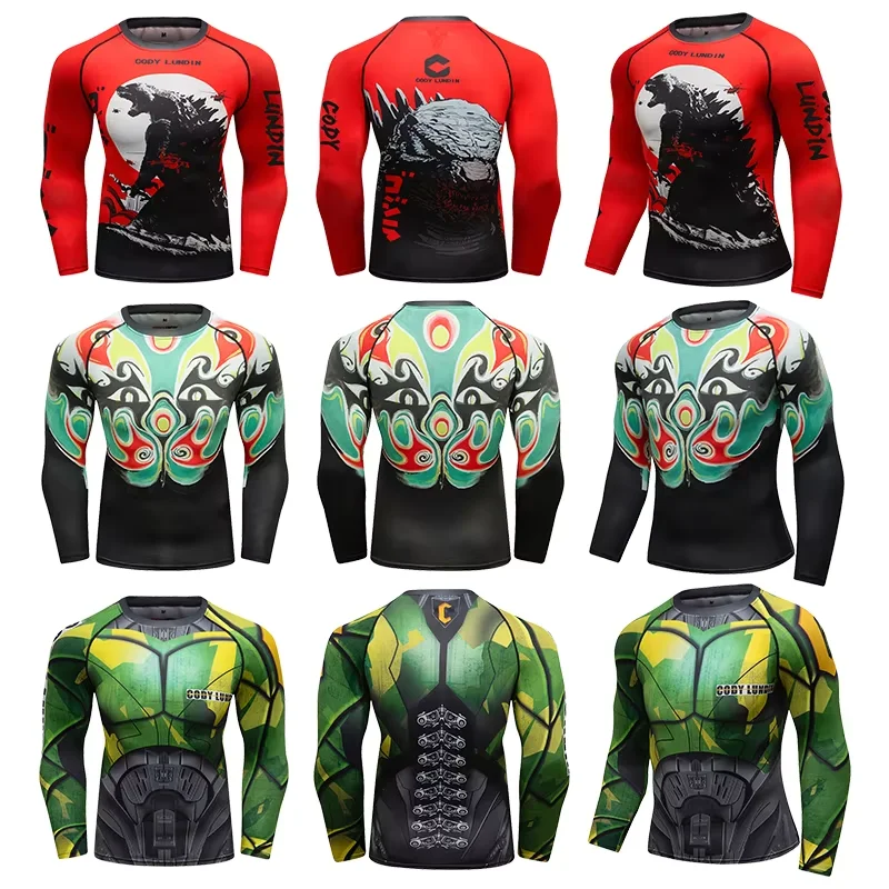 BJJ Rash Guard 3D Design MMA T-shirts With Animal Print Boxing Rashguard For Men Long Sleeve Compression Grappling Fitness Wear