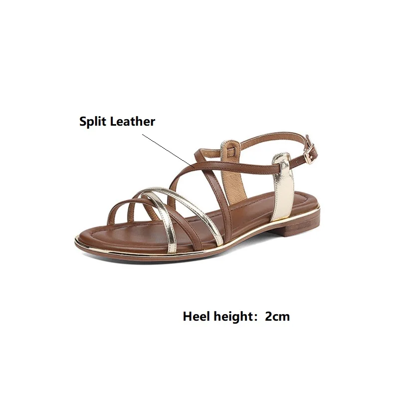 2023 New Summer Sandals Women Split Leather Shoes Round Toe Low Heels Gladiator Shoes Sandals for Women Handmade Women Sandals