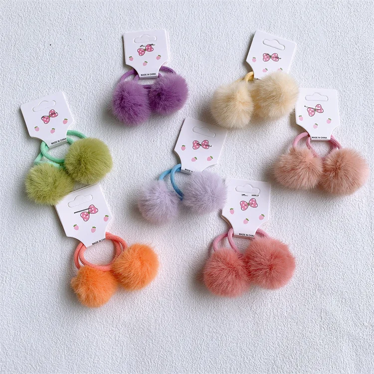 2pcs Furry Pompoms Balls Hair Scrunchies Women Children Girls Seamless Elastic Hair Bands Rubber Band Hair Accessories Headdress