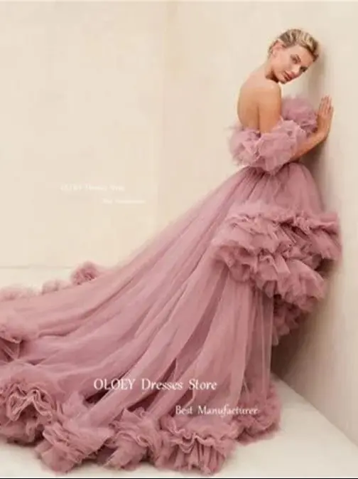 OLOEY Elegant Pink Prom Dresses Silky Organza Ruffles Off Shoulder Performance Dress Wedding Photoshoot Floor Length Custom Made