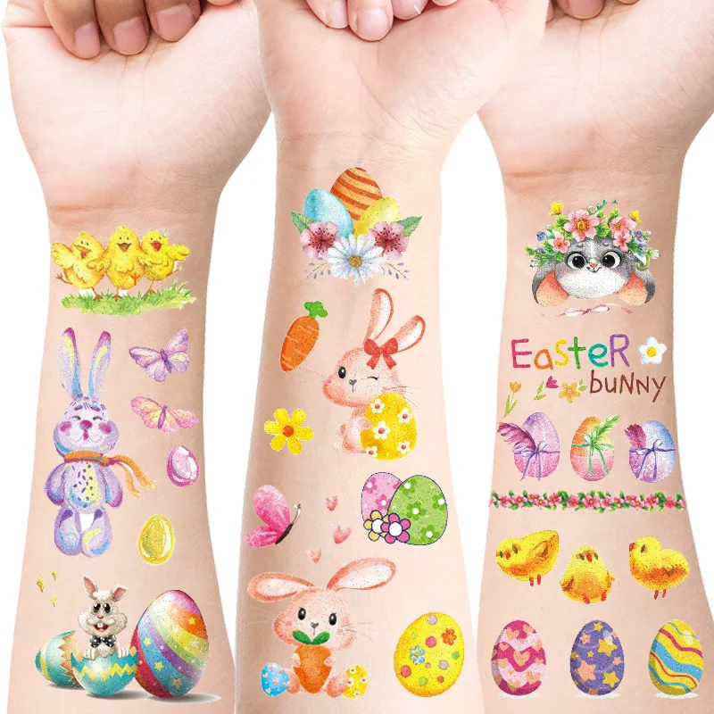 12sheets Happy Easter Temporary Tattoos for Kids Cartoon Bunny Egg Flower Fake Tattoo Stickers Child Birthday party Easter Gift