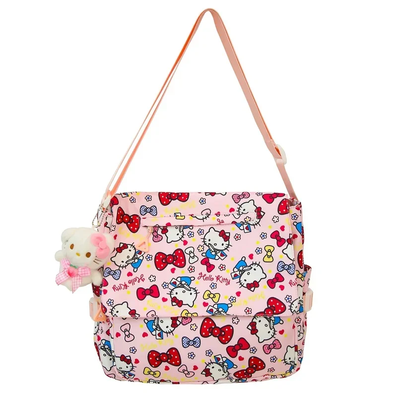 Sanrio Hello Kitty tas tangan gambar kartun, tas selempang kasual kapasitas besar, tas sekolah gaya Jepang untuk pelajar perempuan