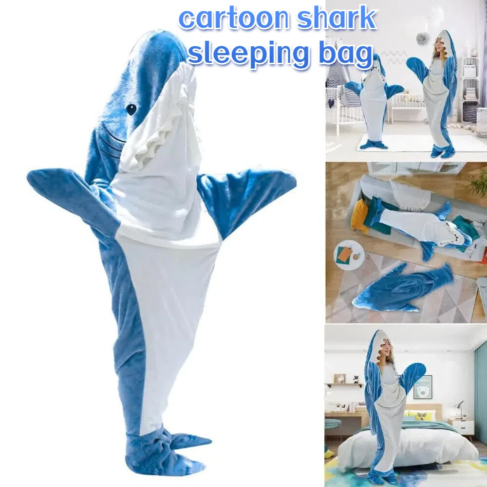 Hooded Loose Lazy One-piece Shark Blanket Pajamas Flannel Couple Home Clothes One-piece Pajamas Shark Cartoon Sleeping Blanket