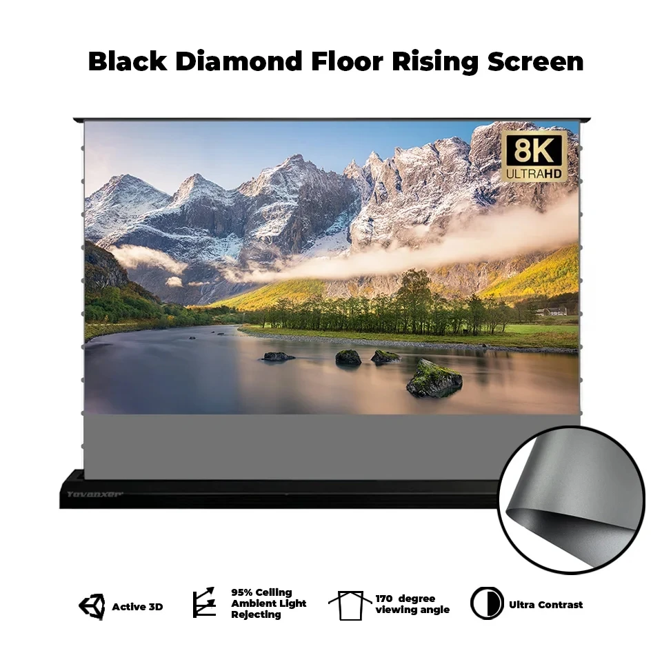 

ALR Motorized Floor Rising Rollable Projection Screen 84 Inch Electric Pull Up Ambient Light Rejecting Black Diamond 4K 8K 3D