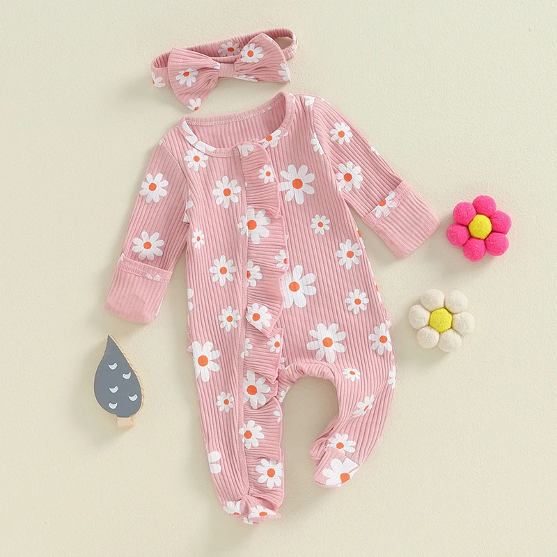 Newborn Baby Girl Footies Romper Floral Long Sleeve Zipper Ruffle Jumpsuit Bodysuit Infant Coming Home Outfit