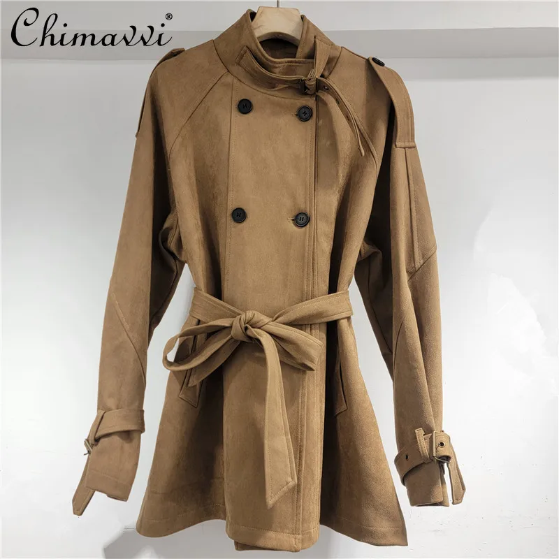 2025 Autumn Clothes New Fashion Retro Stand Collar Lace-Up Jacket Women Cool Slim Fit Elegant Long Sleeve Suede Trench Coat