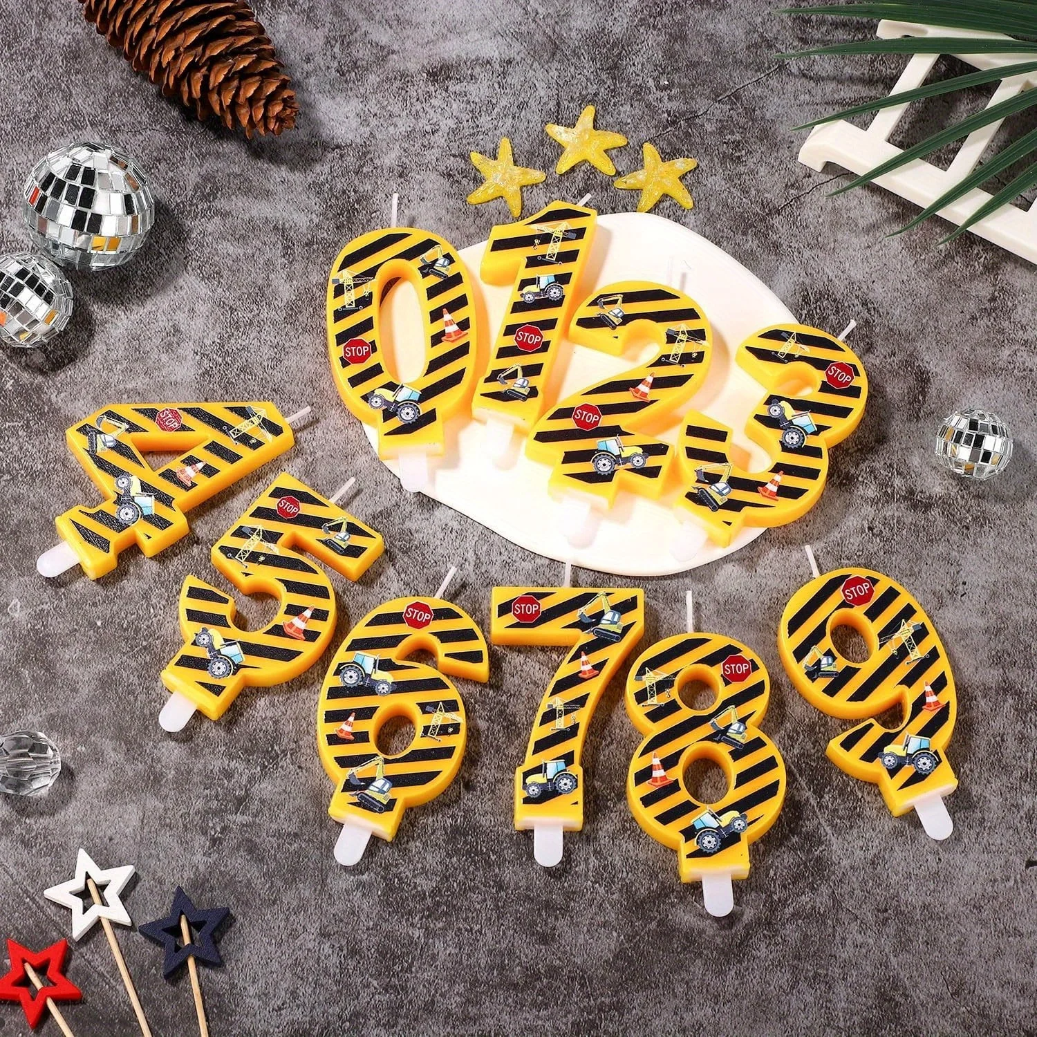 Construction 0-9 Number Birthday Candle - Yellow Black Striped Cake Topper for Construction Party, Christmas, Halloween