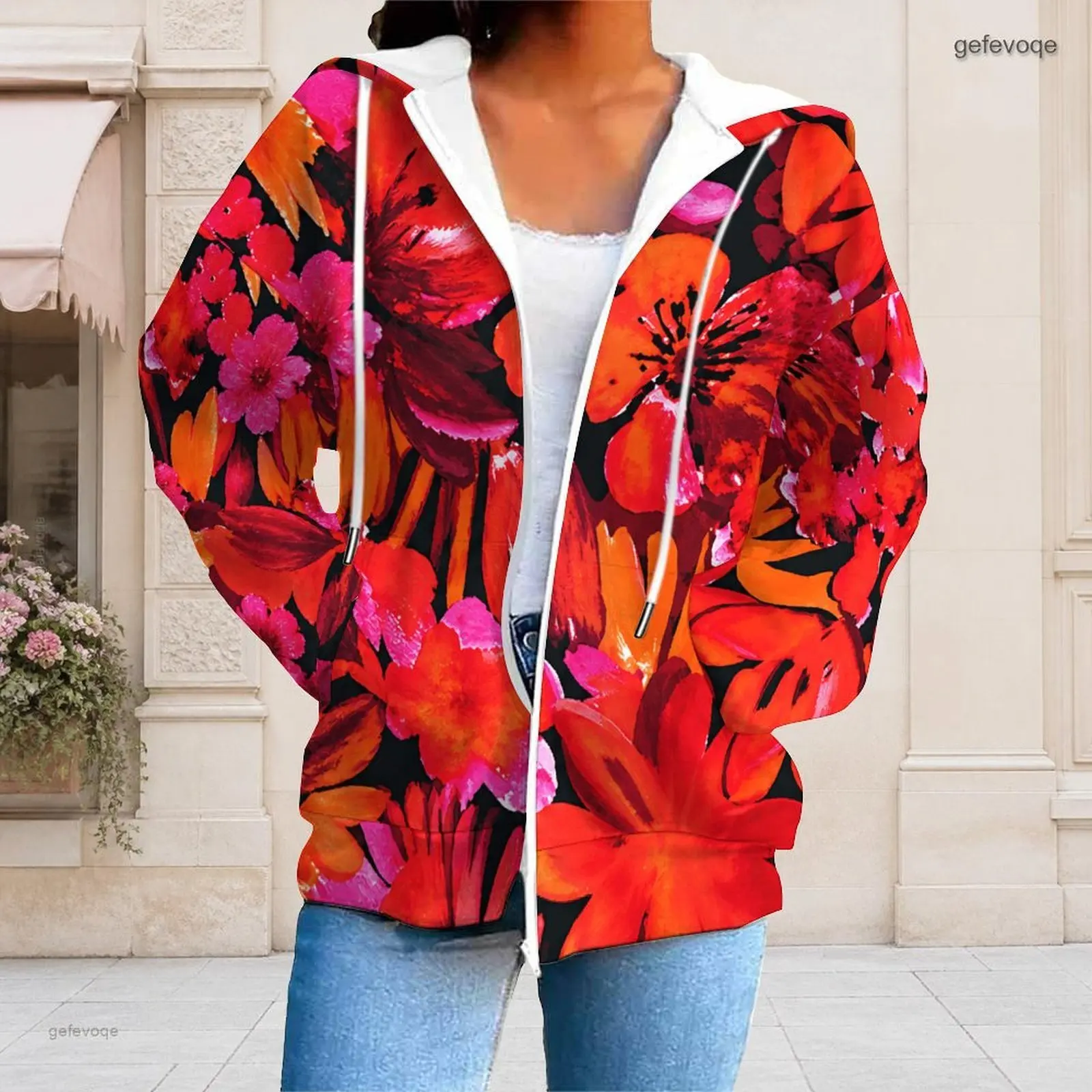 Women Vibrant Floral Printed Zip Up Long Sleeve Hoodie with Drawstring and Pockets