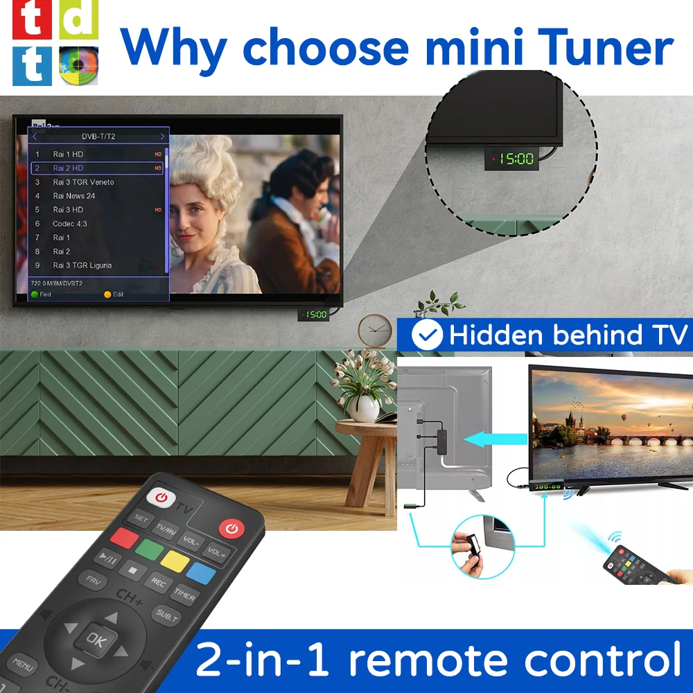 For Europe H.265 DVB-T2&C TV Decoder Dolby HD 1080P Mini TV Tuner HEVC 10Bit U8mini Digital Terrestrial Receiver Support WiFi