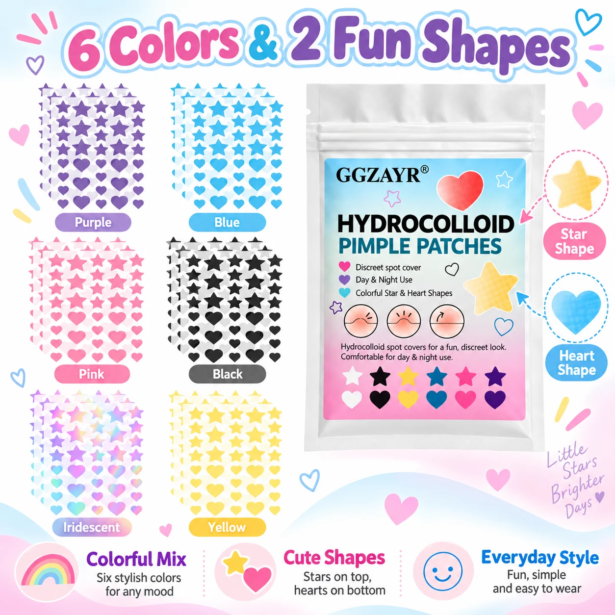 6 Colors 648PCS Hydrocolloid Acne Patches Star Heart Shape Pimple Stickers Lightweight Face Spot Covers Day Night Use