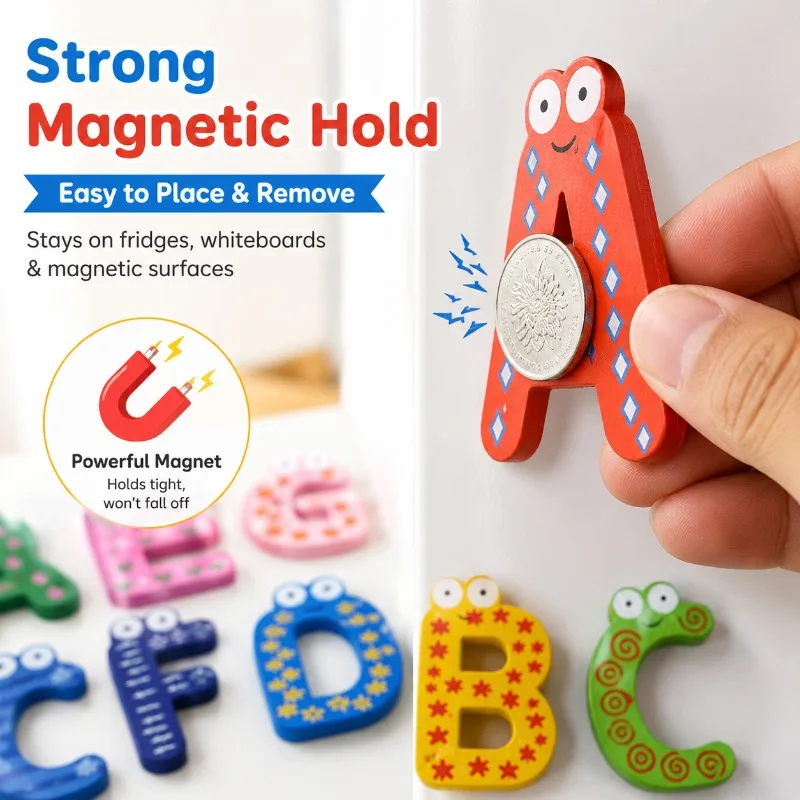 Magnetic Wooden Alphabet Number Set, Cartoon ABC 123 Fridge Magnets for Kids Early Learning Spelling Math Toy with Storage Bag
