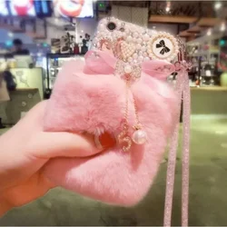 Luxury Warm Fluffy Rabbit Fur Cover, Hairy Bling, Rhinestone Pearl, Case for iPhone 15, 16, 12, 13, 14, 15Pro Max, X, XS, XR