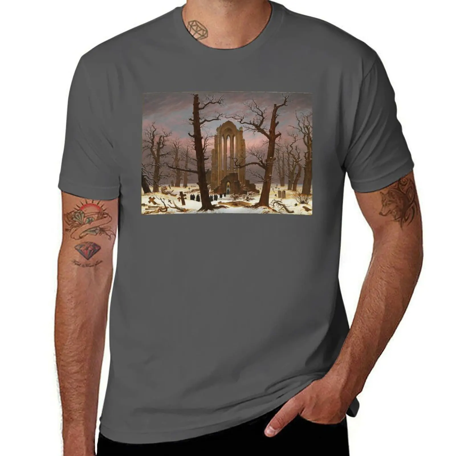 Monastery Graveyard under Snow by Caspar David Friedrich T-Shirt vintage graphic tee blanks plus size men clothing