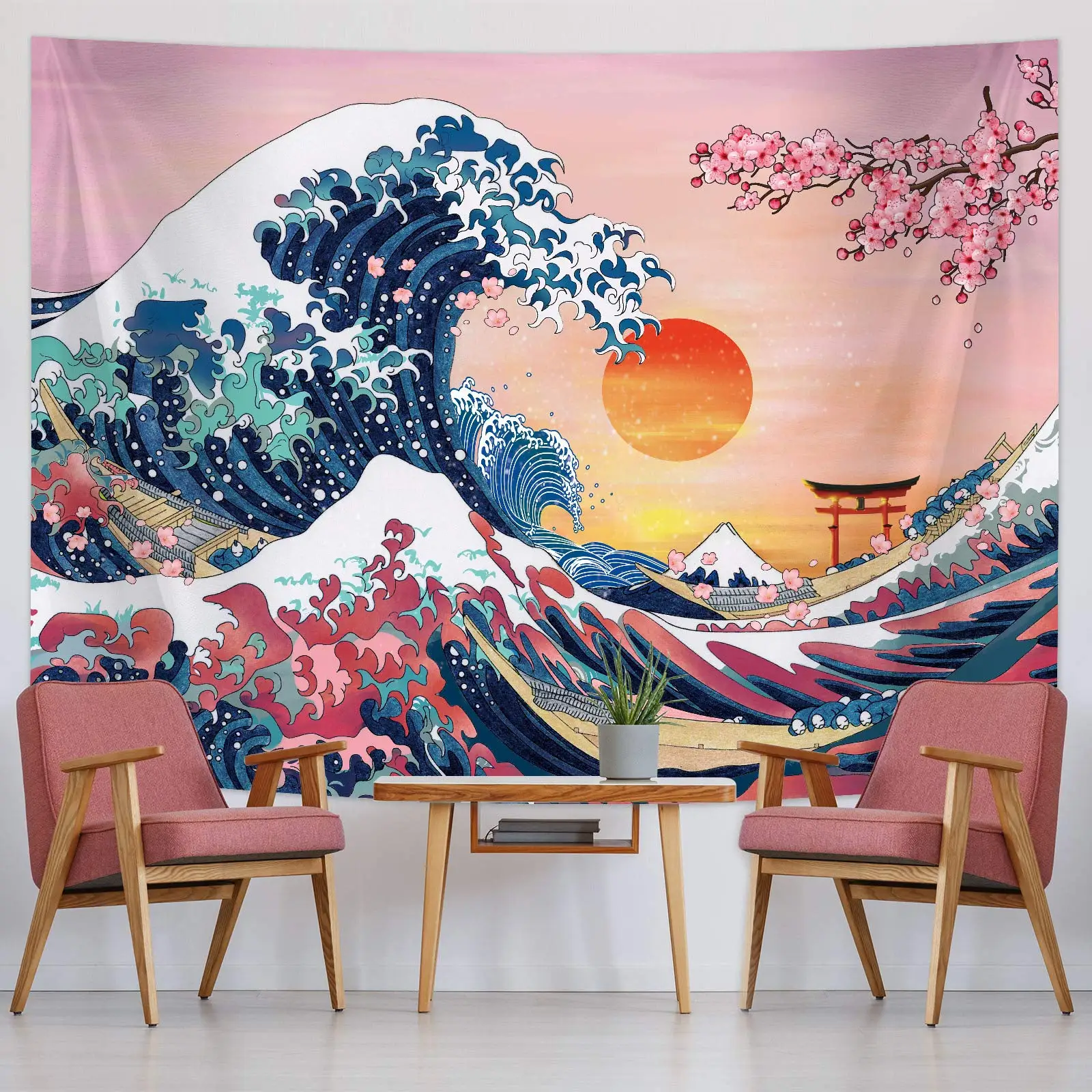 Anime Cenário Tapeçaria para Quarto, Montanha Japonesa com Flor de Cerejeira, Sakura Village Estética Arte Tapeçarias Parede