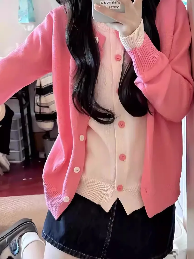 Early Spring Pink Knitted Long Sleeve Open Cardigan Women's Outerwear Autumn Spring Soft Mismatched Color Top Casual Style