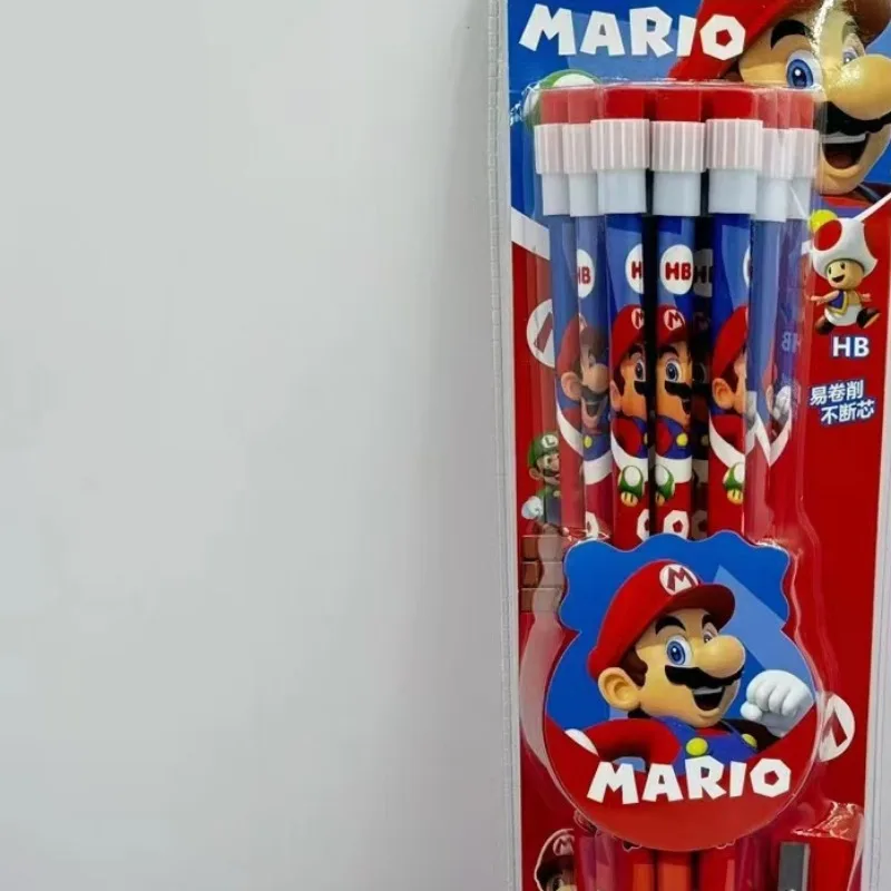 Set pensil Super Mario Bros, 12 buah pensil Anime anak-anak HB dengan rautan pensil, hadiah perlengkapan alat tulis sekolah pelajar lucu